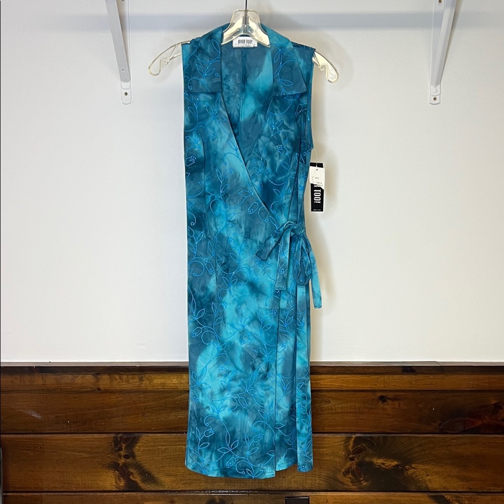 NWT Byer Too CA Deadstock Y2K Tie Dye Teal‎ Floral Wrap Dress with Glitter- M